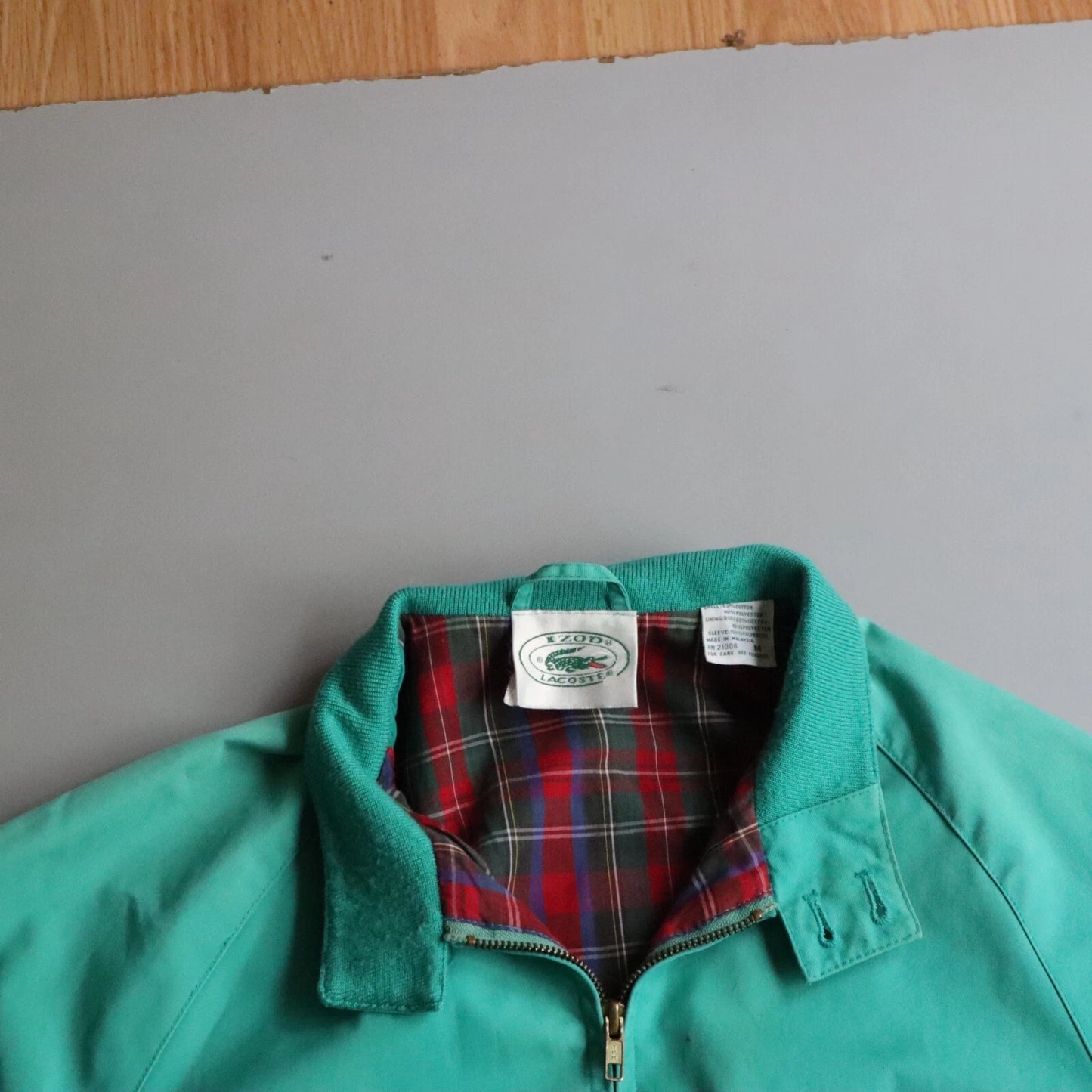 Vintage Izod Lacoste Harrington Jacket Teal Green Plaid Lining Men's Medium