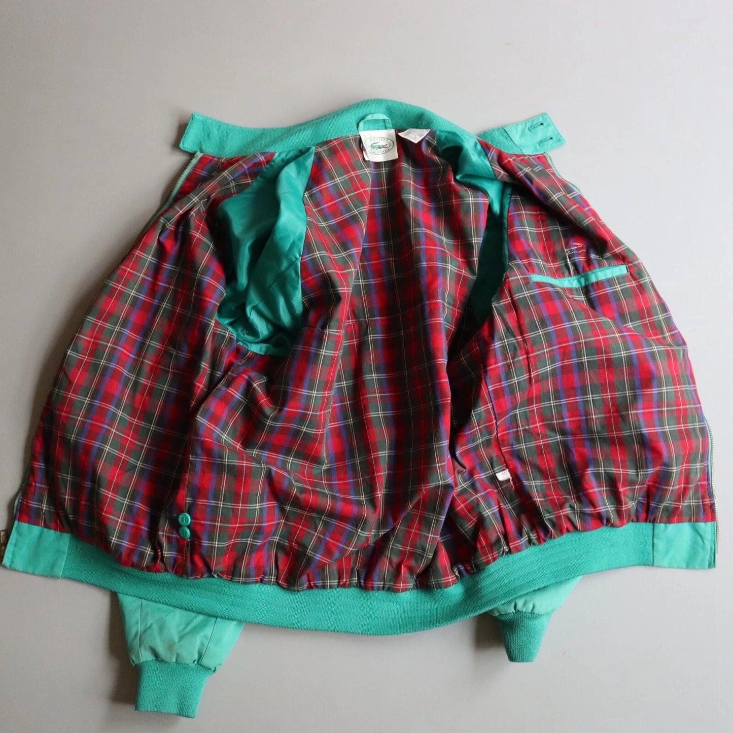 Vintage Izod Lacoste Harrington Jacket Teal Green Plaid Lining Men's Medium